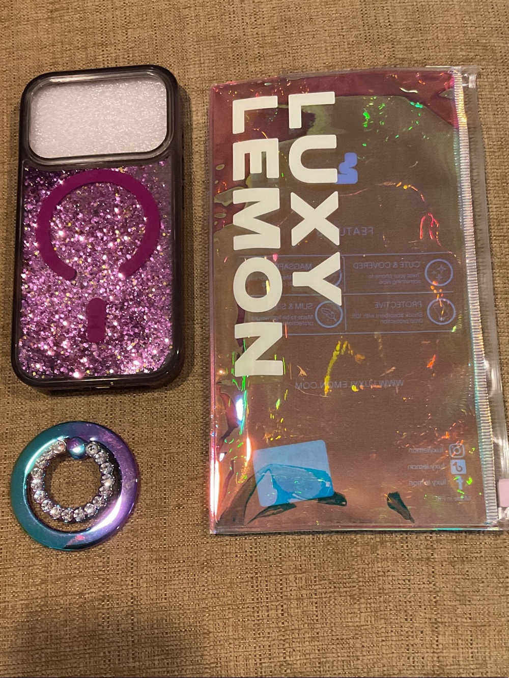 Luxy Lemon IPhone 17 Pro Purple Glitter Phone Case with Matching Ring Holder